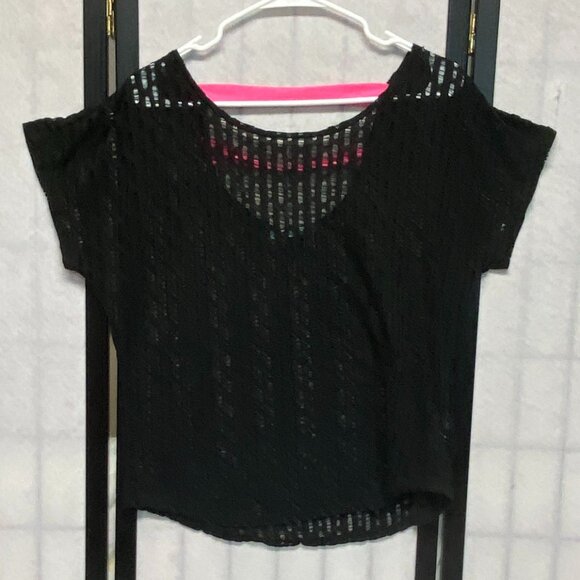 Maurices Tops - Maurices Crop Deep V Ladder Back Openwork Top Coverup L Black Pink Dolman Sleeve